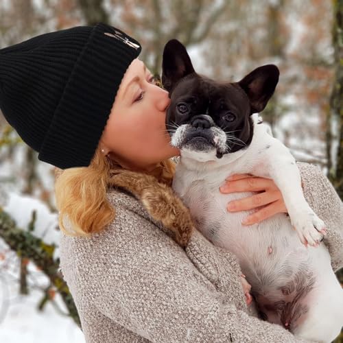 Geyoga Französische Bulldogge Geschenk Strickmütze Wintermütze Beanie mit Aufgesticktem Französischen Hund und Kleiner Bulldogge Schlüsselanhänger für Hundeliebhaber Geburtstag Weihnachten(Schwarz)
