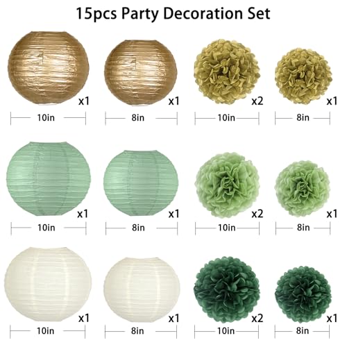 Image of KAXIXI 15pcs Hanging Party Decorations Set, Sage Green Gold Paper Flowers Pom Poms Balls and Paper Lanterns for Rustic Party Bridal Shower Wedding Sage Green Birthday Party Supplies, LanternPomPom008