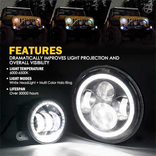 Image of 7 inch LED Headlights & 4 inch Fog Lights Decorative Compatible with 07-18 Jeep JK | Aluminum Base, PC Lens, IP67 Waterproof, Dot Approved, Plug N Play