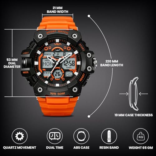 Image of V2A Stryke 53mm Analog Digital Sports Watch for Men | 3 Alarms & Countdown Timer | Layered Multi-Display Dial | Stopwatch, Dual Time, Day-Date | TPU Strap | 50M Water Resistant | Gift for Men