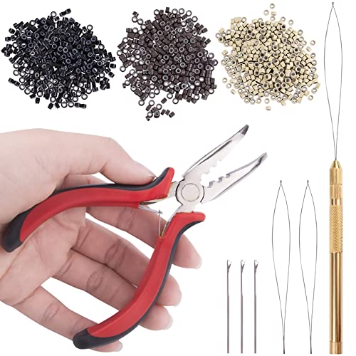 FEQO Hair Extensions Tools Kit Improved Metal Beads Threader Upgrade Three-Hole Hair Extention Plier with 1500 Pcs Micro Link Hair Extension Beads (Black, Blonde and Brown)