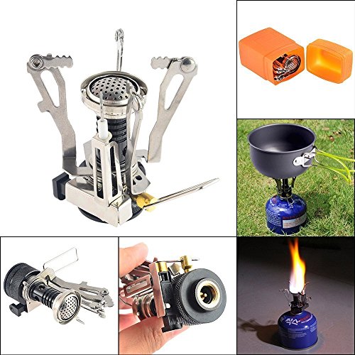 Petforu Camping Stoves, Outdoor Camping Hiking Backpacking Picnic Cookware Cooking Tool Set Pot Pan & Piezo Ignition Canister Stove & Aluminum Portable Foldable Stove Cooker Windscreen