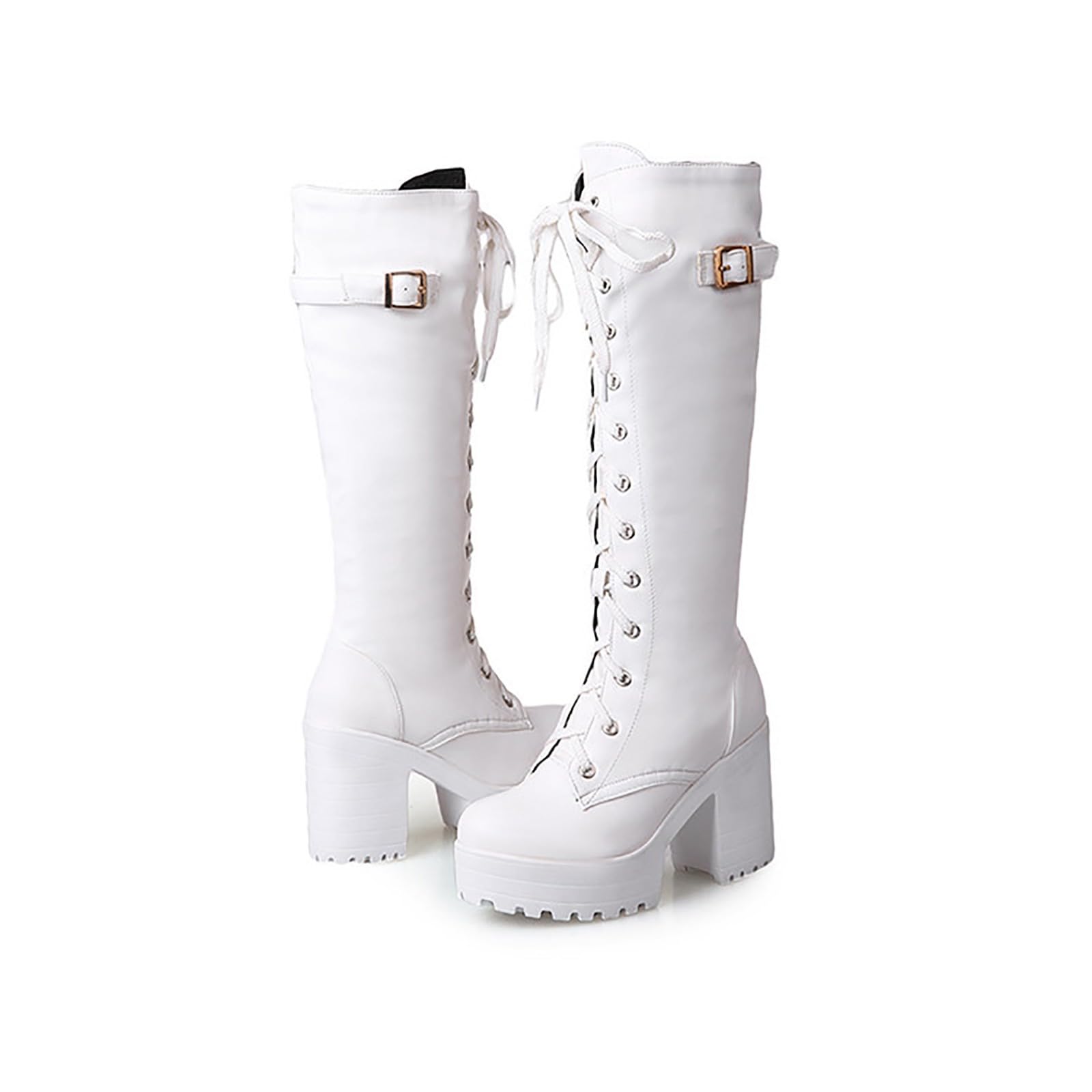 Bottes à plateforme pour femme - Avec talon - Bottes à lacets avec boucle latérale - Bottes de motard gothiques à talons hauts - Bottes hautes pour femme