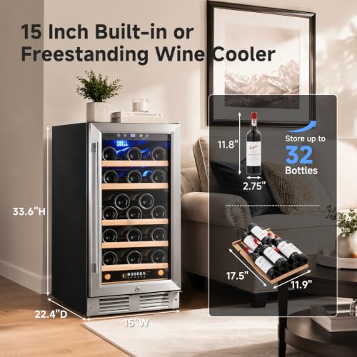 Image of BODEGACOOLER 15 Inch Single Zone Wine Fridge, 41℉ to 72℉, Holds 32 Bottles | Noise Level Below 42 dB, 6-Tier Beech Wood Shelves, Built-in or Freestanding Installation, For Home Kitchen Office