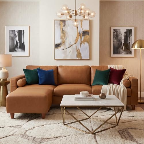 Image of Vesgantti 100 inch L Shaped PU Leather Sofa with Movable Ottoman, 3 Seater Faux Leather Couch with Side Pocket, Comfy Modern Modular Sectional Couch for Living Room, Apartment, Camel
