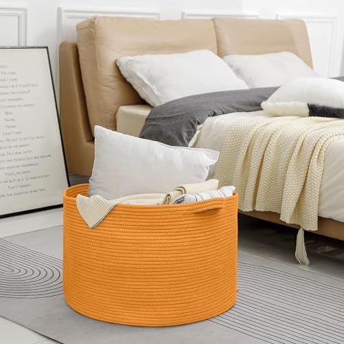 Image of MEGASKET Extra Large Orange Basket, 22 inch X 22 inch X 14 inch Woven Cotton Rope Bins for Blankets, Baby Nursery Wicker Laundry Towel Basket, Kids Dog Toy Storage Box, Big Orange Living Room Decor Organizer