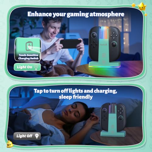 Image of FASTSNAIL Switch 2 Controller Charger Dock for Nintendo Switch 2 for JoyCon | 4-in-1 Fast Switch 2 Joypad Charging Dock Station, 9 RGB Light, Dual-Direction Magnetic Stand for Joycon 2 Accessories, Green
