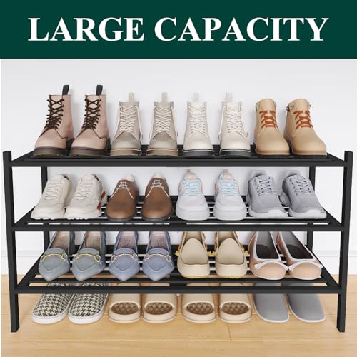 Image of Smiry Bamboo Shoe Rack, 5 Horizontal Slats, 3 Tier - 33.9 inch Wide, Black