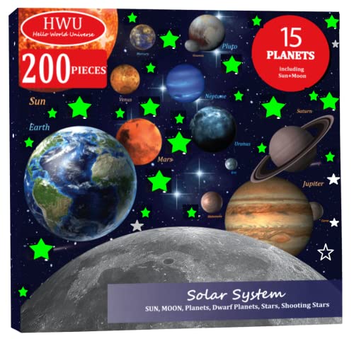 Hello World 200pcs Glow in The Dark Stars and Planets, Bright Solar System Wall Stickers, All Glowing 15 Planets Dwarf Pluto Moon Sun 173 Stars, 12 Shooting Stars 4 Rockets, Ceiling Wall Decals