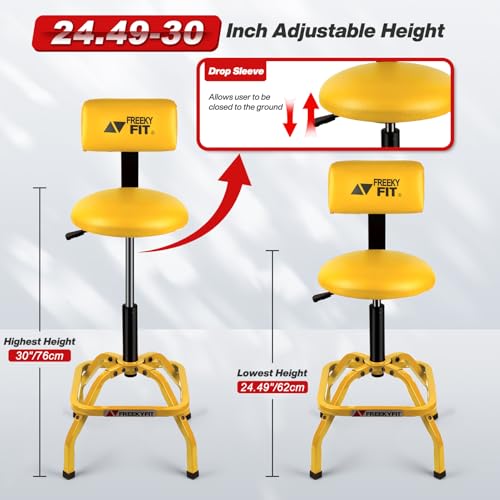 Image of Shop Stool with Backrest, Mechanic Garage Stool for Workshop, Adjustable Shop Stools Chair, Padded Workbench Stools for Men Women, 300 LBS Capacity, 360 Swivel PVC Seat, Heavy Duty, Yellow