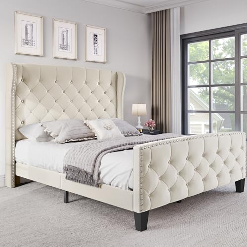 DWVO Queen Bed Frame, Elegant Velvet Upholstered Platform with Wingback Design, Nailhead Trim, Button Tufting, Sturdy Slats, and Easy Assembly, Luxurious and Functional Addition for Bedrooms