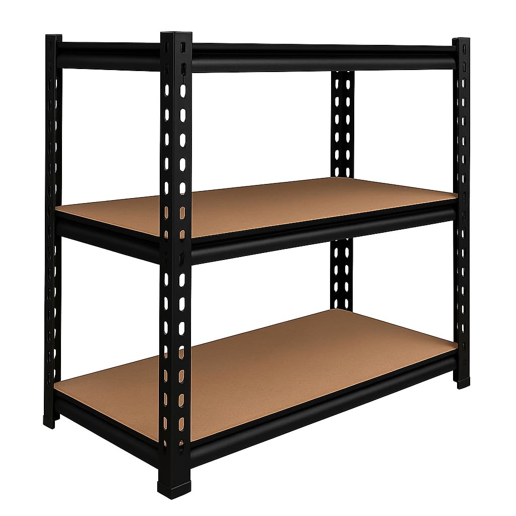 BonKaso Adjustable Set of 3-Shelf Metal Storage Shelving Unit, Steel Bootless Rivet Utility Display Rack Garage Shelves,27 Inches Height(27 X 24 X 12 Inc) Black