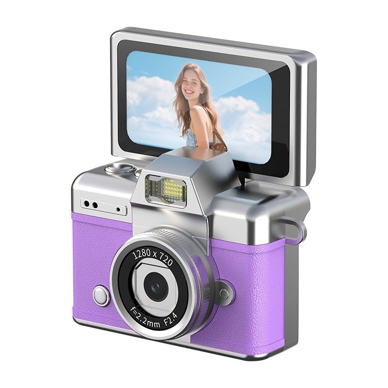 Bewinner Keychain Camera 720P HD Retro Digital Cam with 1.47 Inch 180° Flip Screen, LED Fill Light, Creative Filters, Cam for Teens Students Travel School (Purple)