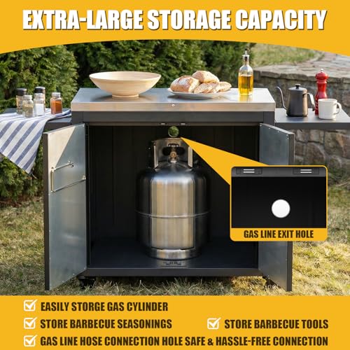 GFTIME Grillwagen, Outdoor Küchenwagen mit Edelstahl-Arbeitsplatte, Grilltisch mit unterschrank, klappbaren Seitenablagen, Türen, Rollen, Mobiler Servierwagen, Outdoor-Küche 89,9 x 65 x 91,9cm