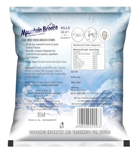 Image of Mountain Breeze Sugar-Free Coolmint Fresh Breath Strips - Pack of 20 (7 Strips Each) | Instant Mouth Freshener | Pocket-Friendly | Long-Lasting Cool Mint Flavor NEW