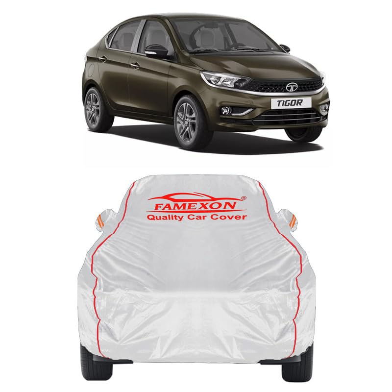 Image of Full Body Car Cover for Tata Tigor with Mirror and Antena Pocket Triple Stiched(Silver with Red Piping)