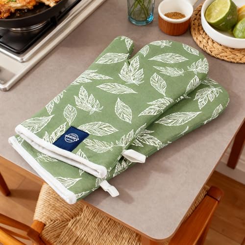 Image of Encasa XO Extra Long 18x35 cm Microwave Oven Gloves Mitts (2 pcs) for Kitchen Cooking - Big Leaf Green - Heat Resistant, Thick & Safe, Protection of Hands from Hot Utensils, Gas Flame, Grill, Barbecue