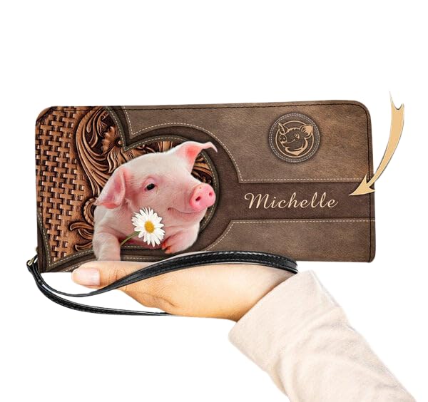 Personalized Pig Flower Women Leather Wallet, Vintage Custom Name Pigs Farm RFID Blocking Zip Pocket Long Ladies Travel Clutch Wristlet, Gifts for Pig Lover Girl Daughter Mom (One Size, Pig)