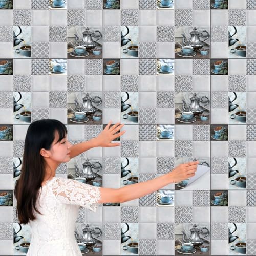 Image of Kitchen Wallpaper Tiles Sticker 12x18 Inch (Pack of 8) Self Adhesive Waterproof Oil Proof Wall Stickers for Kitchen Backsplash Decoration Heat Resistant PVC Wall Paper Tiles Design Kitchen Decor