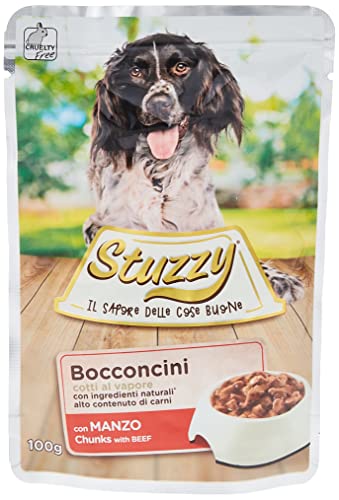 Stuzzy Cibo Umido per Cani con Manzo in Gelatina, in Busta, Alimento Completo, Ingredienti Naturali, Cotto al Vapore, Alto Contenuto di Carne, 24 x 100 Gr
