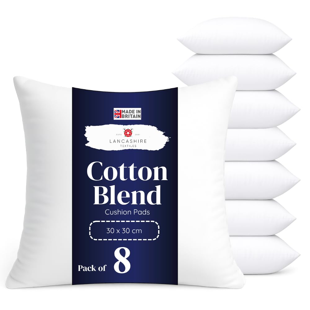 Lancashire Textiles Cushion Pads 8 Pack, 12x12 Inch, 30x30 cm, Cotton Blend | Luxury Cushion Inners with Cotton Blend Covers & Super Bounce Polyester Fibre Filling, Made from British Materials for Sofas.