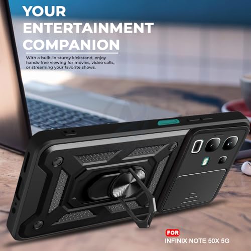 Image of AESTMO Tough Armor Infinix Note 50X 5G Bumper Back Case Cover | Ring Holder & Sliding Camera Shield Cover | 360 Degree Protection Back Case Cover for Infinix Note 50X 5G (Black)