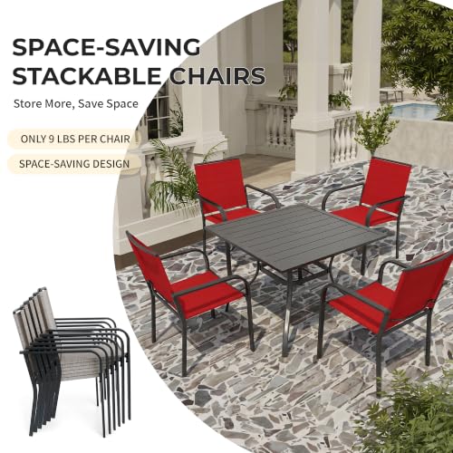 Image of Anmutig 5 Piece Patio Dining Set, Outdoor Stackable Chairs and 35 inch Square Metal Patio Table with 1.57 inch Umbrella Hole for Garden Backyard Deck, Red