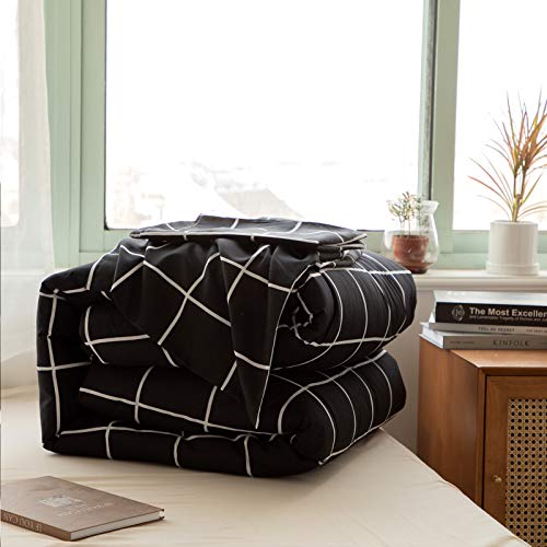Bedbay Black Grid Queen Comforter Set 3 Pcs Black Plaid Comforter Queen Bedding Set Black And White Checkered Comforter Set For All Season(Black White, Queen) #TOP7