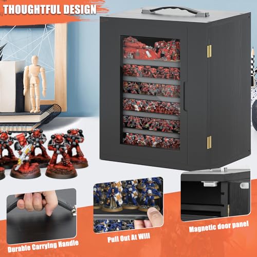 Image of Miniature Storage Case for Collectibles, Miniature Display Cases with Magnetic Door and 6 Trays, Clear View Miniatures Transport Case (Black)