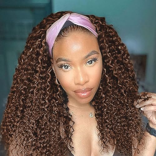 Image of Punmasa Headband Wig Human Hair Deep Wave Chocolate Brown Headband Wigs for black women Glueless Wigs Human Hair Machine Made 150% Density headband wig human hair with Headbands (16Inch)