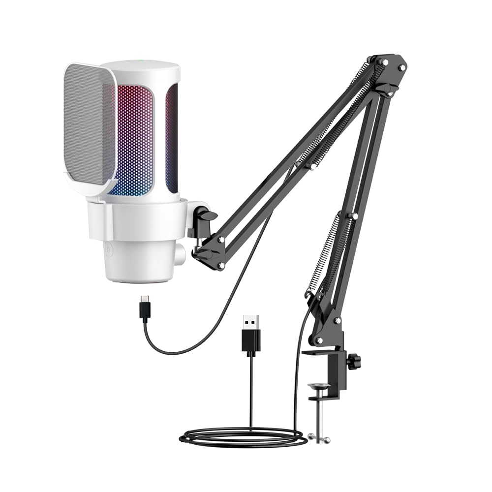 HUIOP Mikrofon do gier, zestaw mikrofonów do gier USB do komputera, oświetlenie RGB, tryb kardioidalny, przycisk wyciszenia i szybkiego wzmocnienia z uchwytem na kijek do gier/spotkań / transmisji
