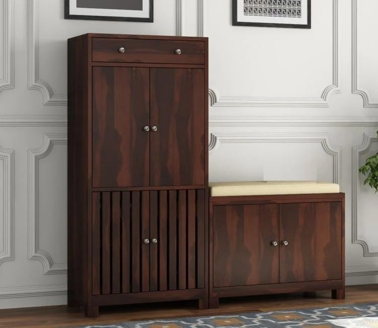 Image of Sheesham Wood Shoe Cabinet with Seating | Wooden Shoe Rack for Home | Shoe Rack with Door | Storage Cabinet for Living Room | Walnut Finish | 51x14x52 Inches