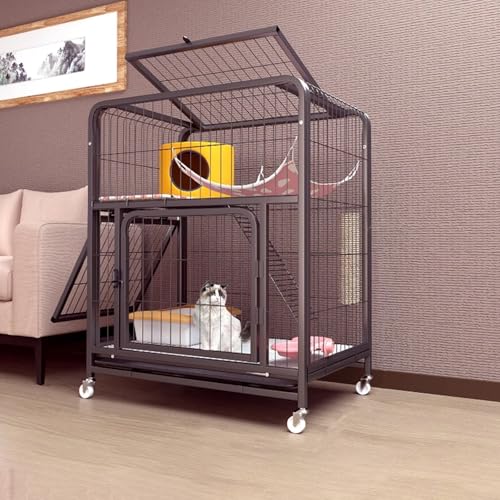 猫 ケージ 3段 大型 猫ケージ2段 キャスター付き ロックドア付き屋内猫ハウス 金属製猫小屋 屋外で簡単に移動 3サイズ(Black,78*54*100cm)