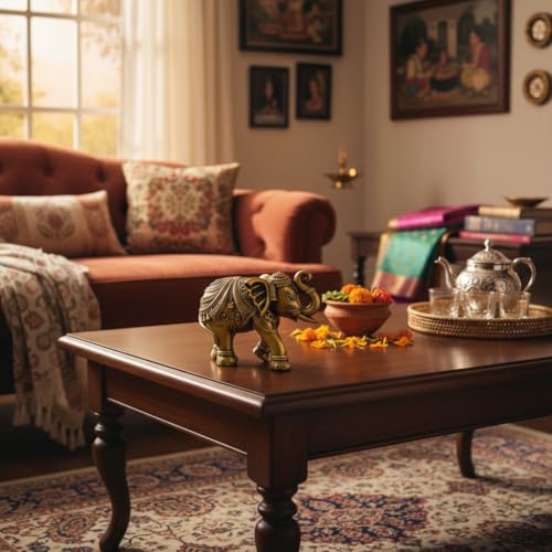 Image of Lamcy PlazaDecorative Elephant Showpiece for Home Decor | Golden Elephant Statue with Raised Trunk | Vastu Feng Shui Lucky Elephant Figurine for Living Room, Office Desk & Gift