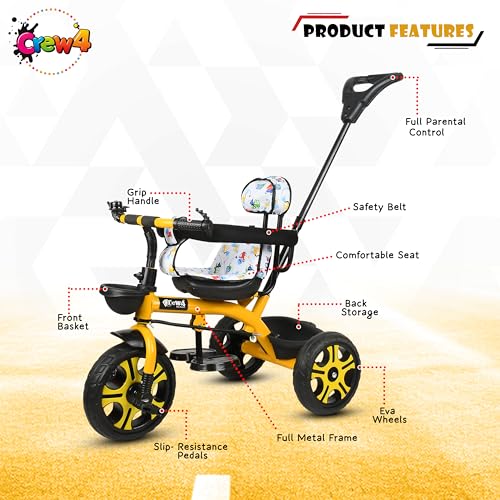 Image of Tricycle 1 Years to 5 Years with Removable Safety Guard and Parental Control Back Side Push Handle with Rubber Tyre for Kid's CR07 (Yellow 3)