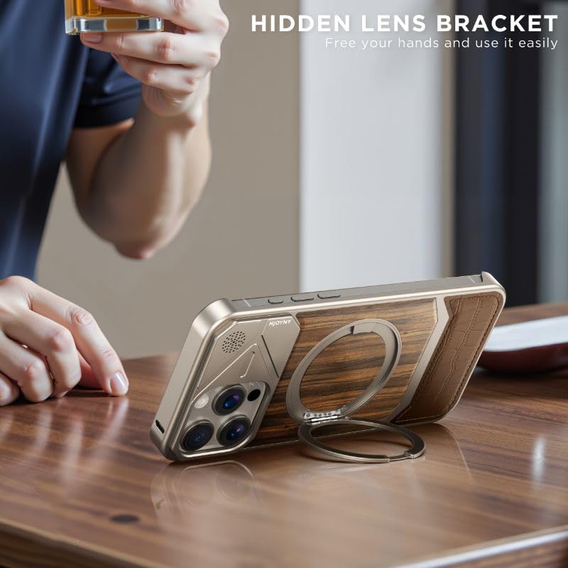 Image of Bezel-Less Slim Natural Wood & Aluminum Case Compatible with iPhone 16 Pro with Magnetic Ring |Heavy Duty Shockproof Phone Wooden Case - Silver