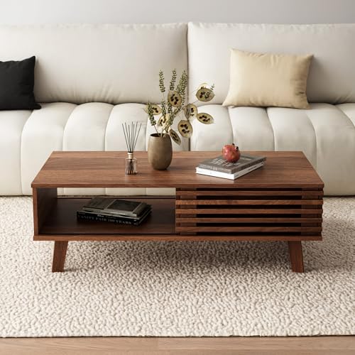 Mid Century Coffee Table with Storage & Sliding Fence Door, Modern Coffee Tables for Living Room, Walnut Finish - Image 6