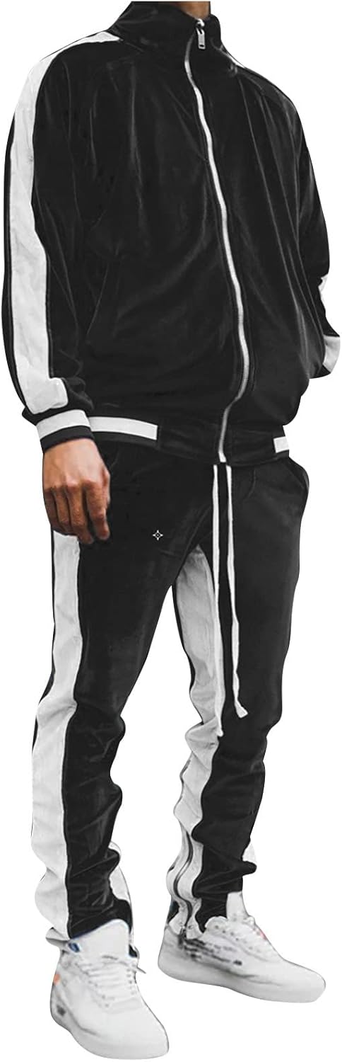 Jogging Suits for Men Velour Tracksuits Sweatsuits Zip Jacket Retro Color Stripe Warm Outfit Casual Loungewear