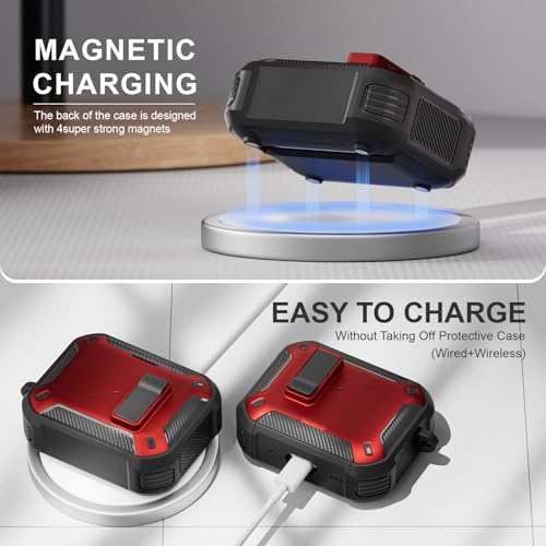 Image of for AirPods Pro 3 Case with Magnetic Lock and Phone Stand, Compatible with Magsafe Charging,with Carabiner&Cleaner kit for Apple iPod Pro 3rd Generation Cover(2025) Men Women (Red)