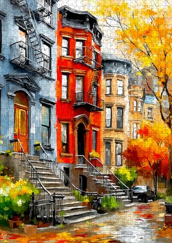 Autumn NYC Brownstone Puzzle de 1000 Piezas para Adultos | Escena Colorida de Casa Urbana, Tamaño Final 27.5" x 19.7", Rompecabezas de Arte Urbano Desafiante miniatura 1