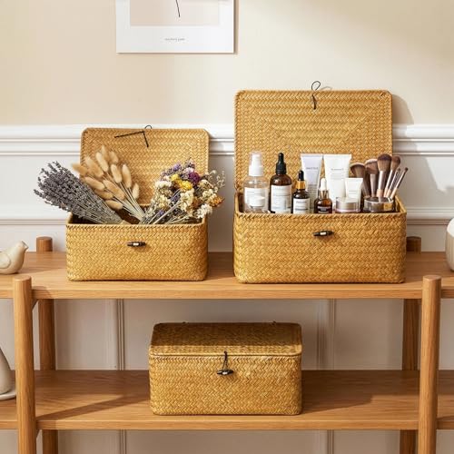 Yesland Shelf Baskets with Lid Set of 3, Handwoven Seagrass Storage Bins Box Rectangular Seagrass Basket Storage Organizer Wicker Basket for Shelf - Image 7
