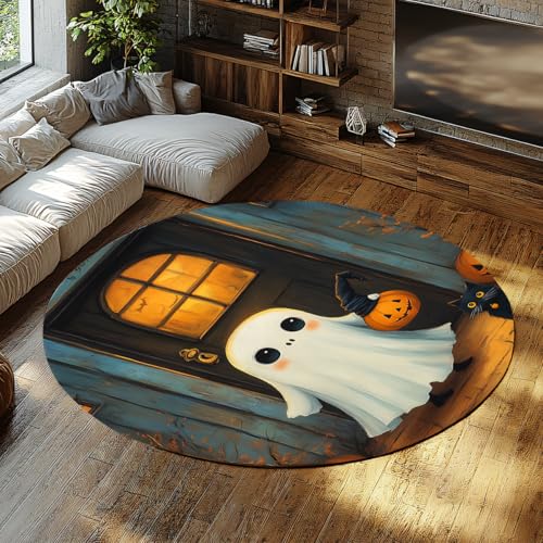 ハロウィーン漫画スタイルの丸い敷物-かわいいゴースト黒猫カボチャパターン屋内カーペット洗えるソフトローパイル保育園寝室用 240cm