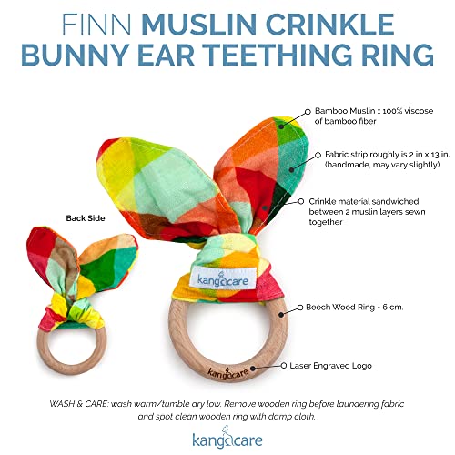 Image of Kanga Care Baby Soft Muslin Sensory Crinkle Bunny Ear Wood Teething Ring - Finn Geometric