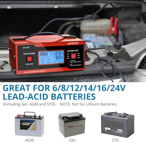 Image of AUTOUTLET Upgraded 8 Volt Battery Charger for Golf Cart Automotive Battery Charger and Maintainer 0-14A with Cable Clamps for 6 /8 /12 /14 /16 /24V Lead-Acid Batteries