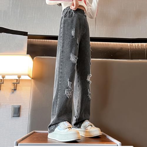 Baggy Ripped Jeans for Girls Elastic High Waist Distressed Pull On Wide Leg Jeans Kids Clothes with Pockets 5-14Y2