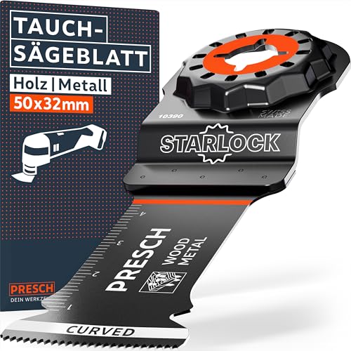 Presch Starlock Sägeblatt Holz & Metall 50x32mm - Multitool Sägeblatt für werkzeuglosen Wechsel - Exakte Schnitte dank robuster BI-Metall Zähne & Curved-Tec Design - Präzises Tauchsägeblatt