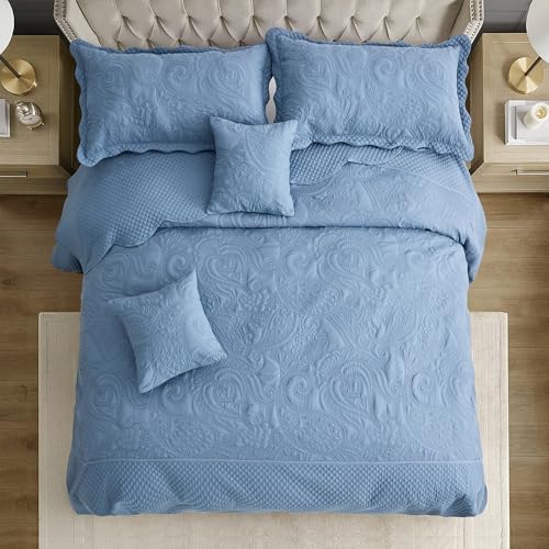 Image of Oversized King Bedspread, Stitched Paisley Quilt Set King /Cal King, Lightweight Reversible Coverlet, Scalloped Edge - Soft Modern Classic Look, 5 Piece, Smokey Blue