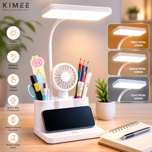 Image of Kimee Table Lamp for Study with Smart LED Display, Foldable Touch Light Desk Lamps with 3 Color Modes and Stepless Dimming, Desk Lamps with Phone Pen Holder (White)