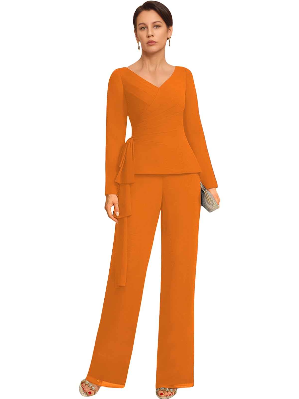 2 Pieces Mother of The Bride Pantsuits Separates Chiffon Long Sleeves Mother of The Groom Outfits with Pleated