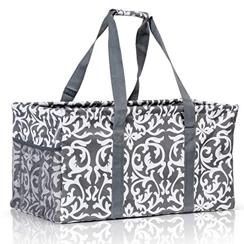 Lucazzi Extra Large Utility Tote Bag - Oversized Collapsible Reusable Wire Frame Rectangular Canvas Basket With Two Exterior Pockets For Beach Pool Laundry Car Trunk Storage - Damask Gray